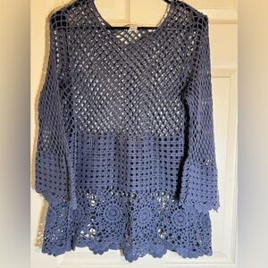 Est 1948 Boho Chic Navy Blue Crochet‎ Tunic Top – Handcrafted Look, Festival